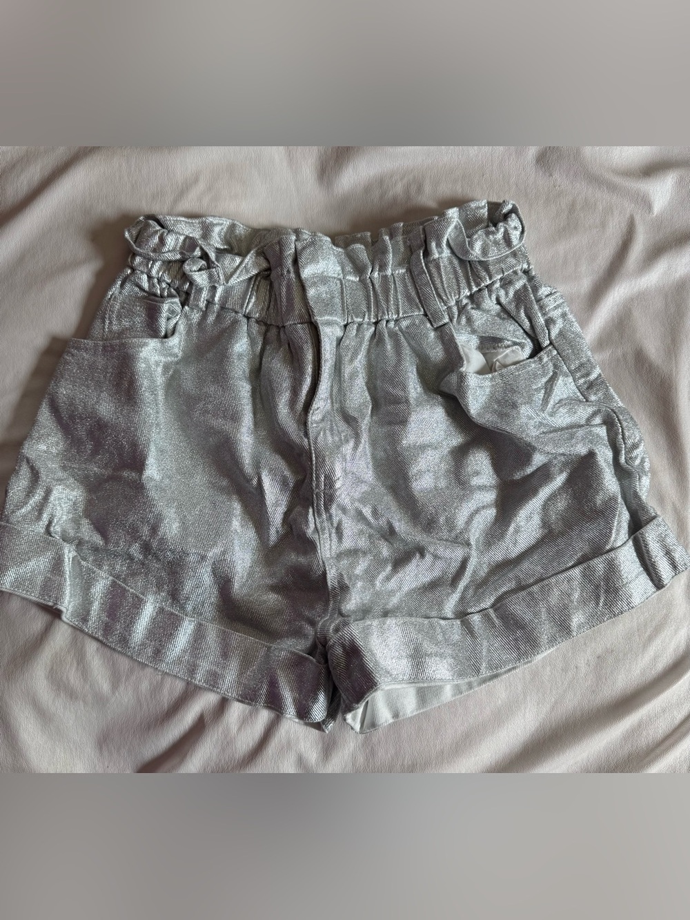 Fantastic Fawn Metallic Silver High-Waist Paperbag Shorts